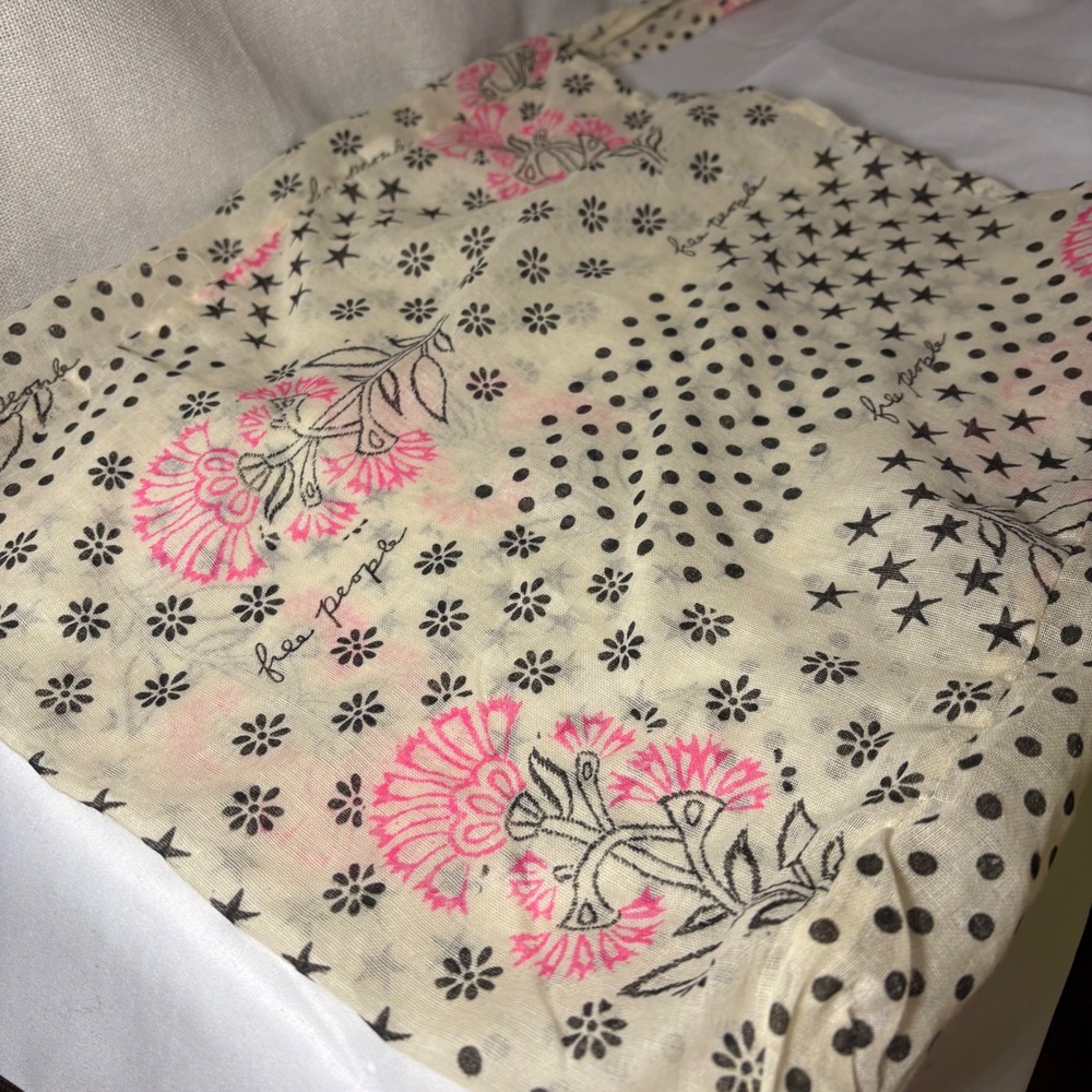 Free People Floral Star Polka Dot Reusable Cotton Tote Bag Cream Pink Black - Picture 2 of 6